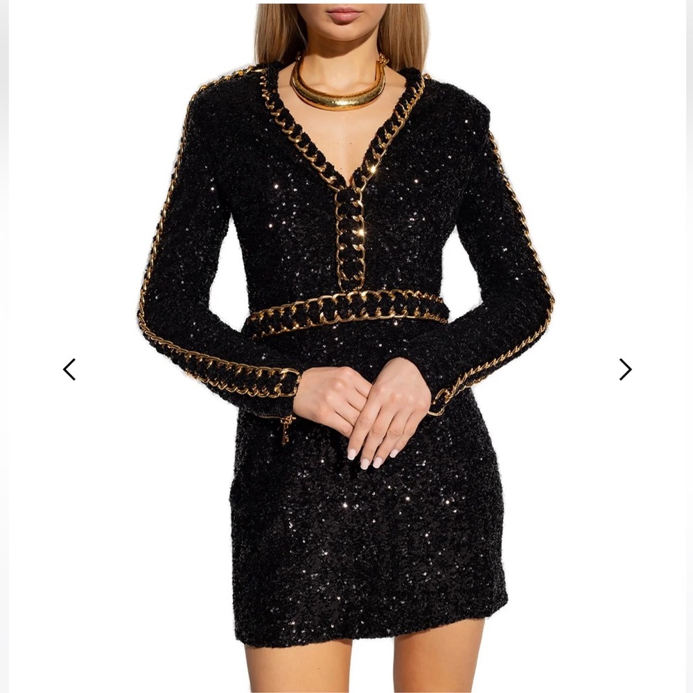Balmain V-Neck Chain-Trimmed Sequin Dress NWT